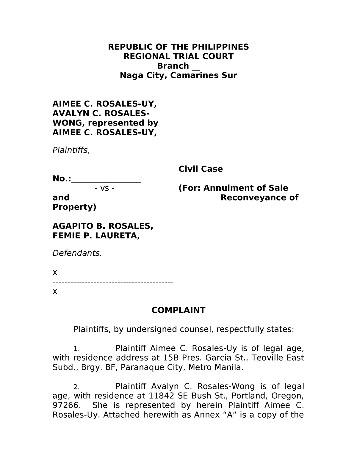 Complaint for Annulment - REPUBLIC OF THE PHILIPPINES REGIONAL TRIAL ...