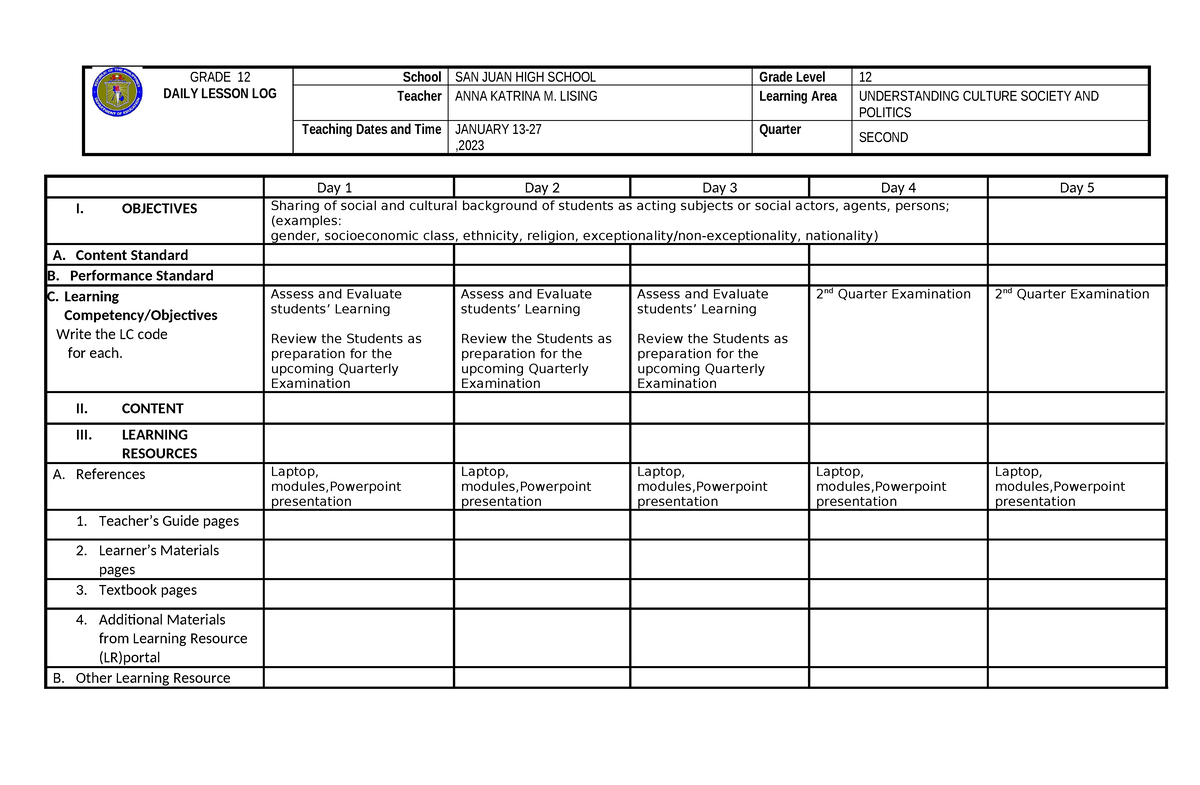 DLL-JAN 13-27,23 - dll - GRADE 12 DAILY LESSON LOG School SAN JUAN HIGH ...