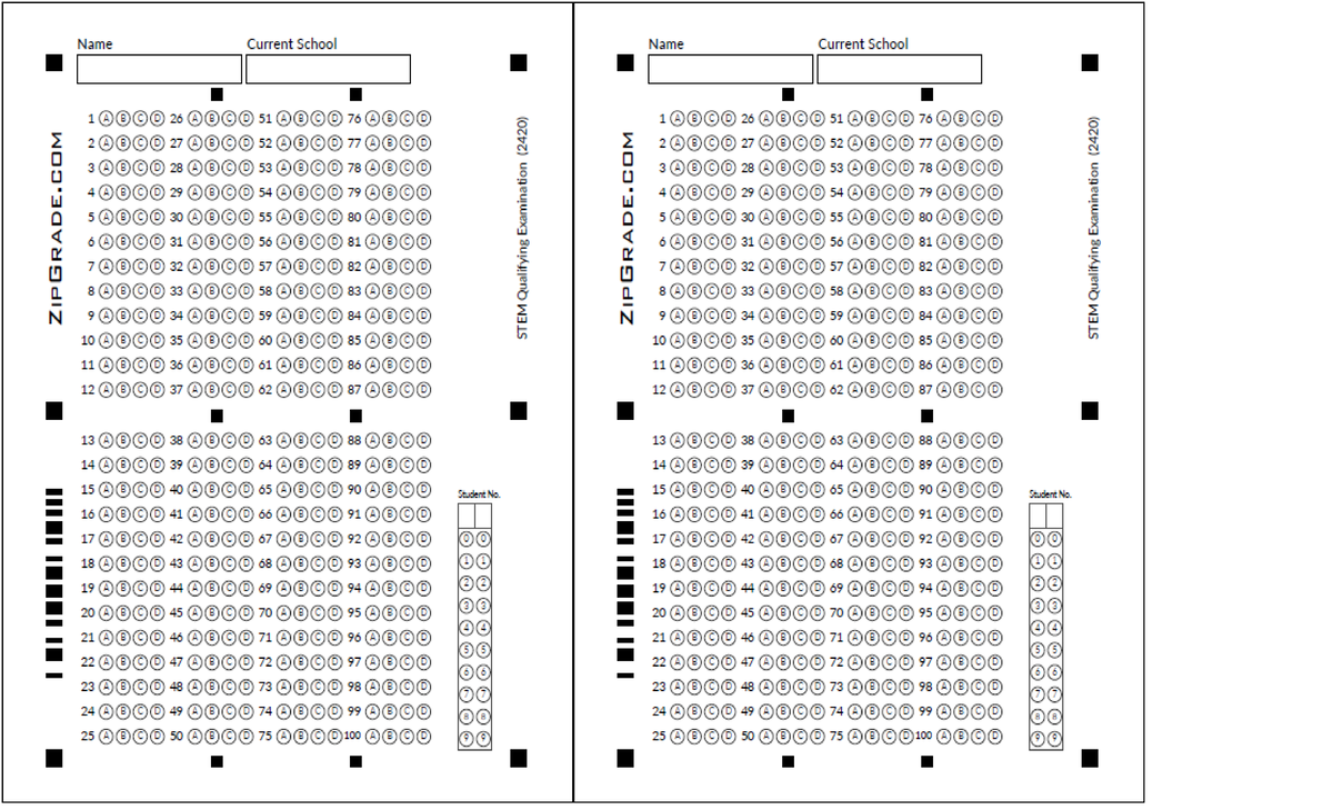 ZipGrade Answer Sheet - Name Current School Current School Name 1 26 51 ...