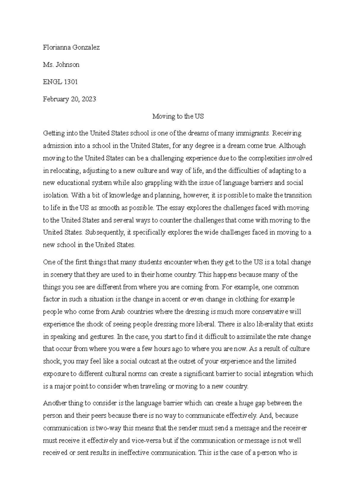 moving to america essay example