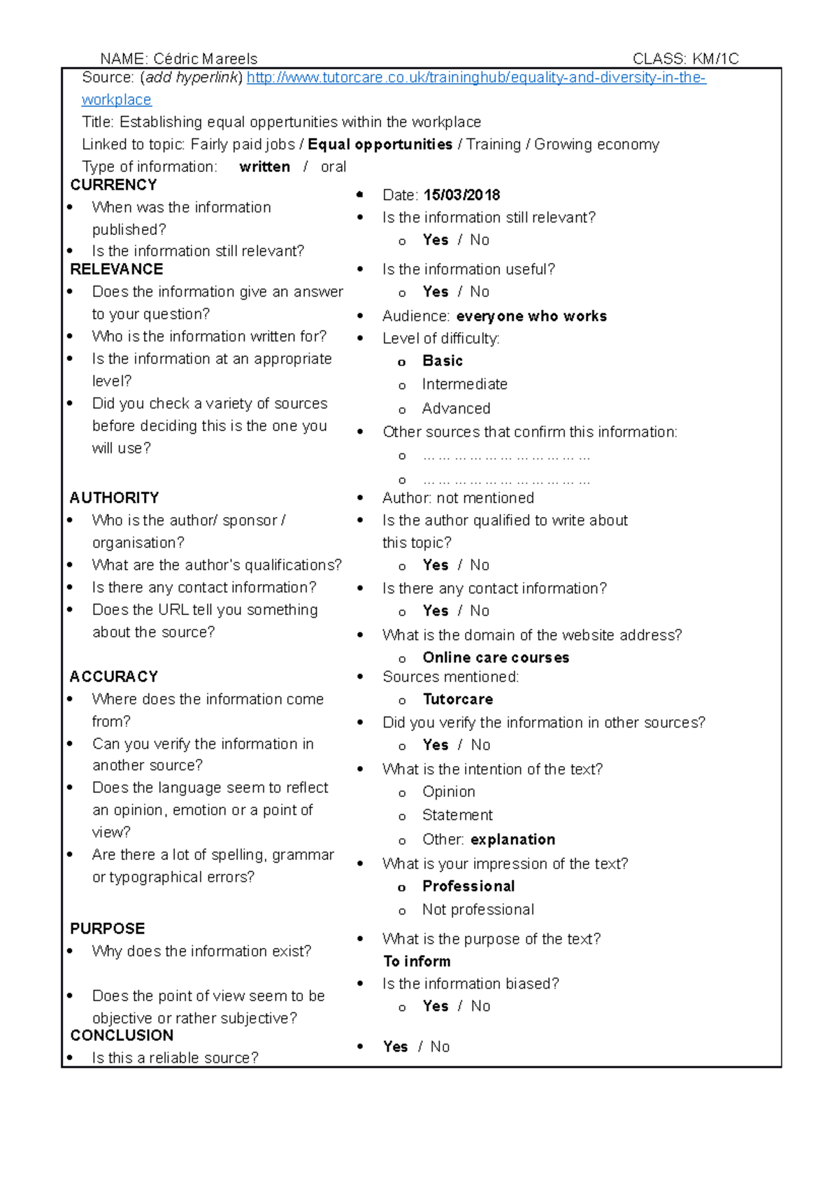Craap-checklist - Craap-checklist - NAME: Cédric Mareels CLASS: KM/1C ...