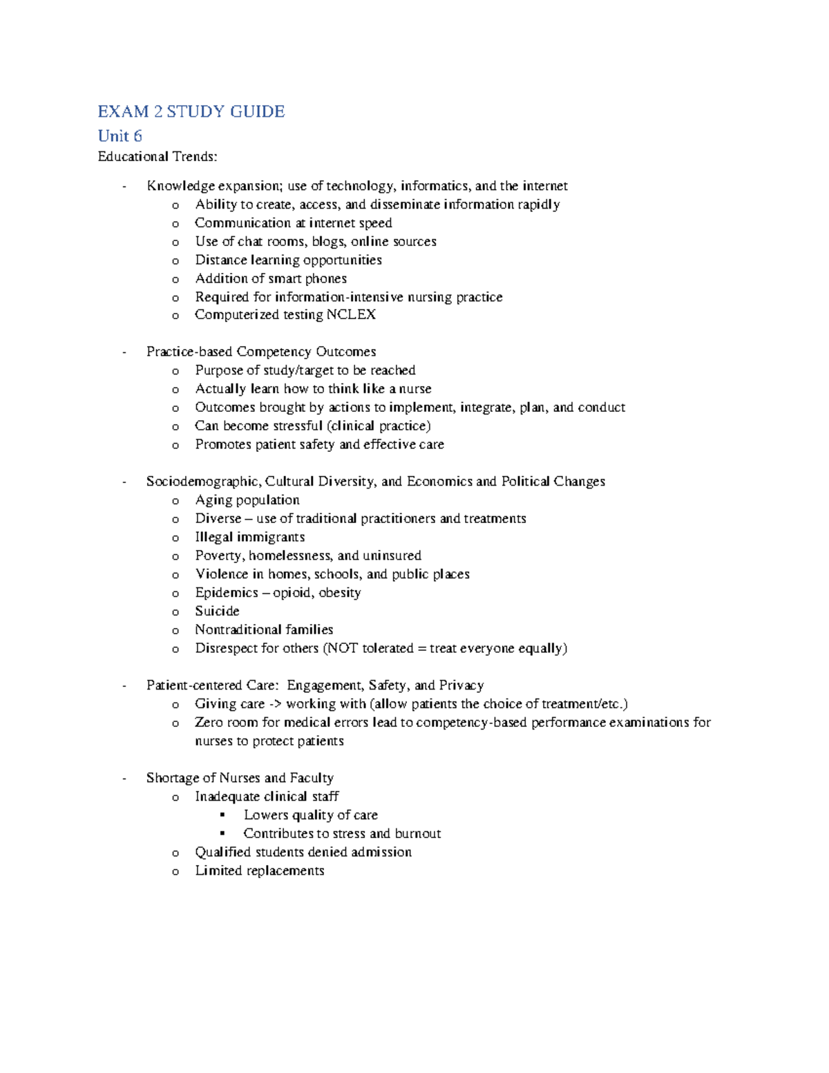 Nursing Notes - Exam 2 - EXAM 2 STUDY GUIDE Unit 6 Educational Trends ...