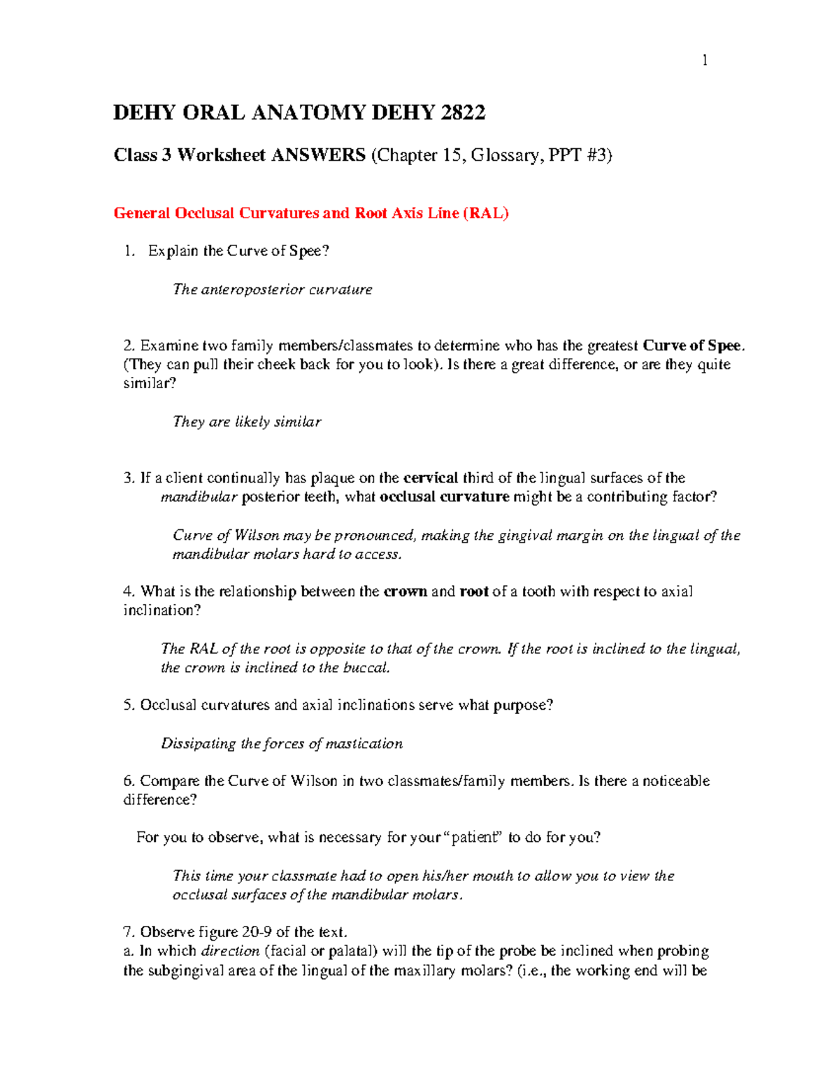 OA Class 3 Worksheet Answers 2022 DEHY ORAL ANATOMY DEHY 2822 Class 3 Worksheet ANSWERS
