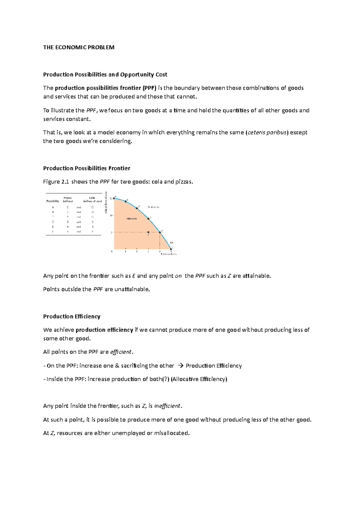 E201 Chapter 2 Notes - THE ECONOMIC PROBLEM Production Possibilities ...