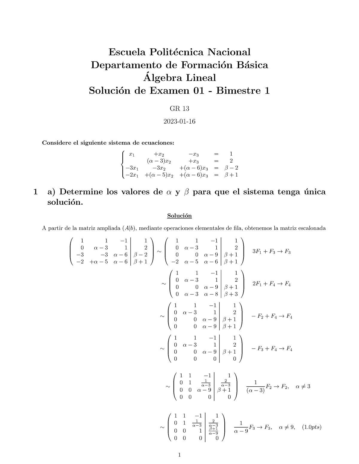 Soluci N Examen Escuela Polit Ecnica Nacional Departamento De Formaci On B Asica