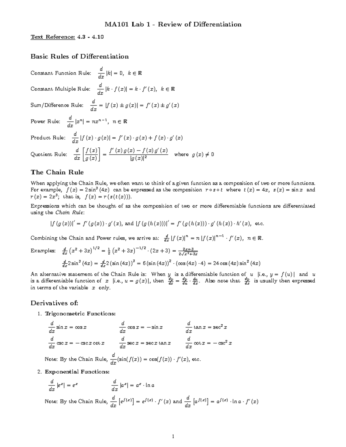 MA101 Lab 1 Notes - MA101 Lab 1 - Review Of Differentiation Text ...