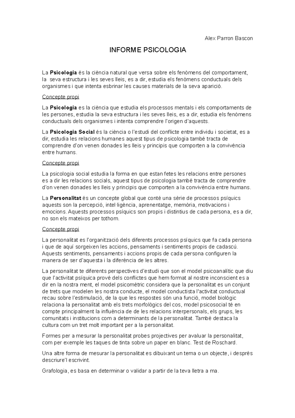 Informe 1 de psicologia personalitat - Alex Parron Bascon INFORME ...