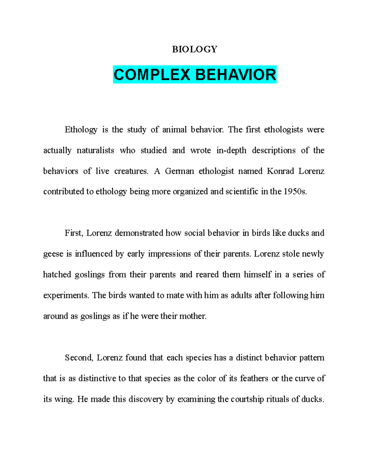 Biology - Complex Behavior - BIOLOGY COMPLEX BEHAVIOR Ethology is the ...
