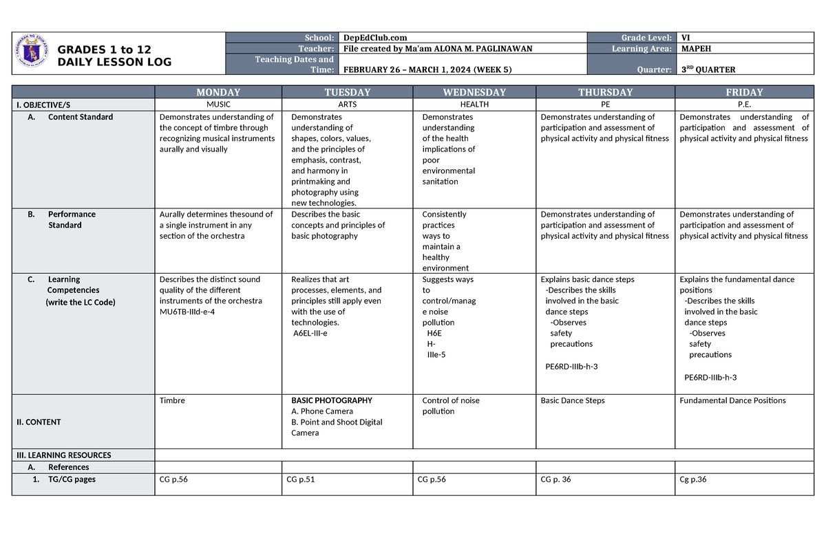 DLL Mapeh 6 Q3 W5 - Lesson Guide - GRADES 1 To 12 DAILY LESSON LOG ...