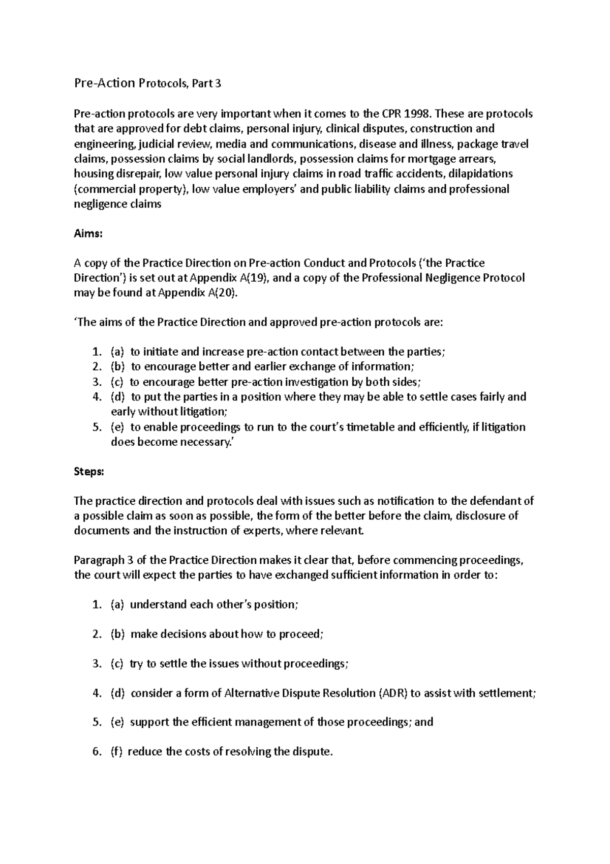 PART 3 - Lecture notes 7 - Pre-Action Protocols, Part 3 Pre-action ...