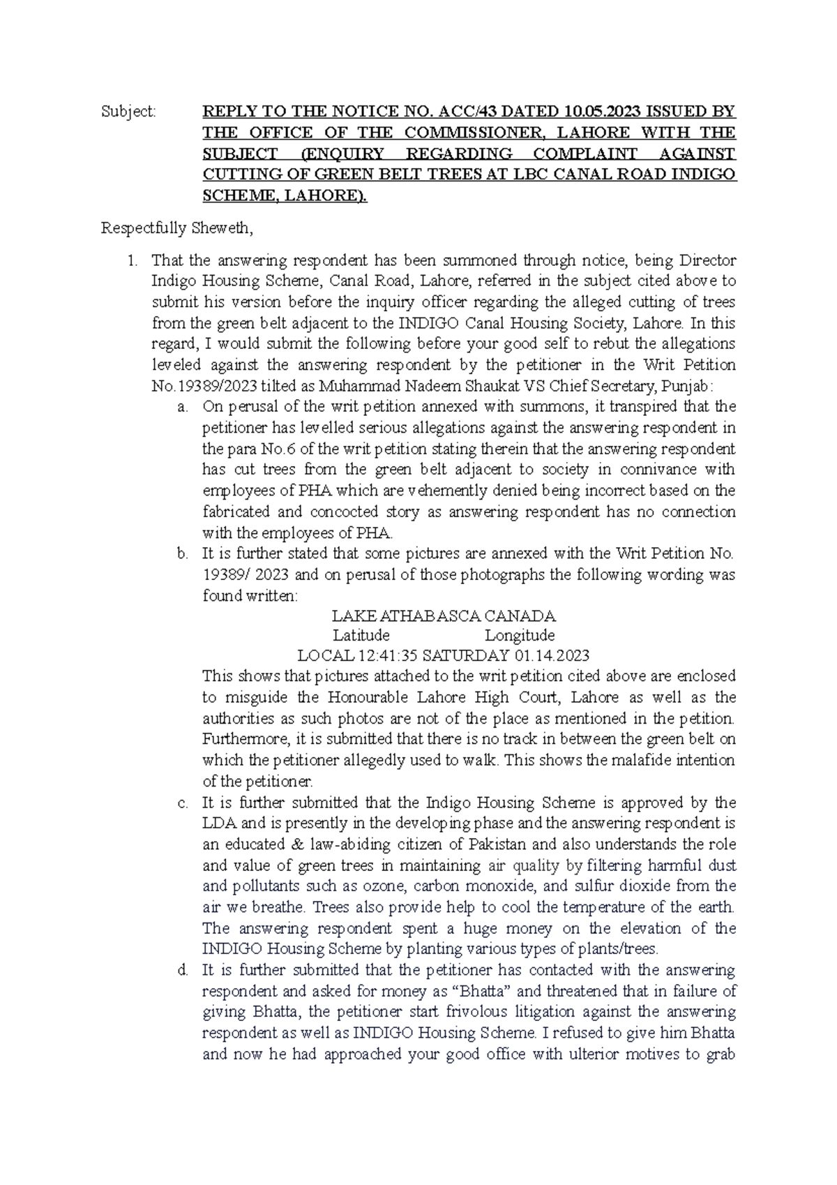 Malik Rashid DSP copy - Subject: REPLY TO THE NOTICE NO. ACC/43 DATED ...