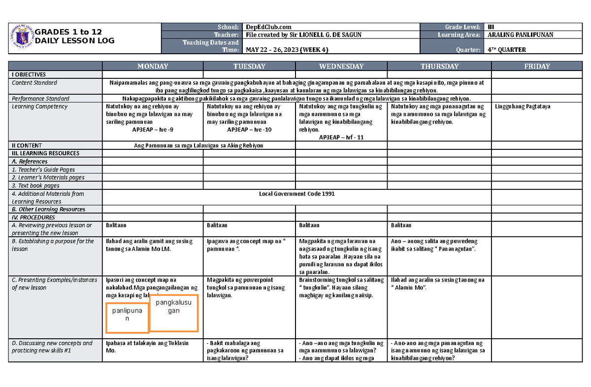 DLL Araling Panlipunan 3 Q4 W4 - GRADES 1 to 12 DAILY LESSON LOG School ...