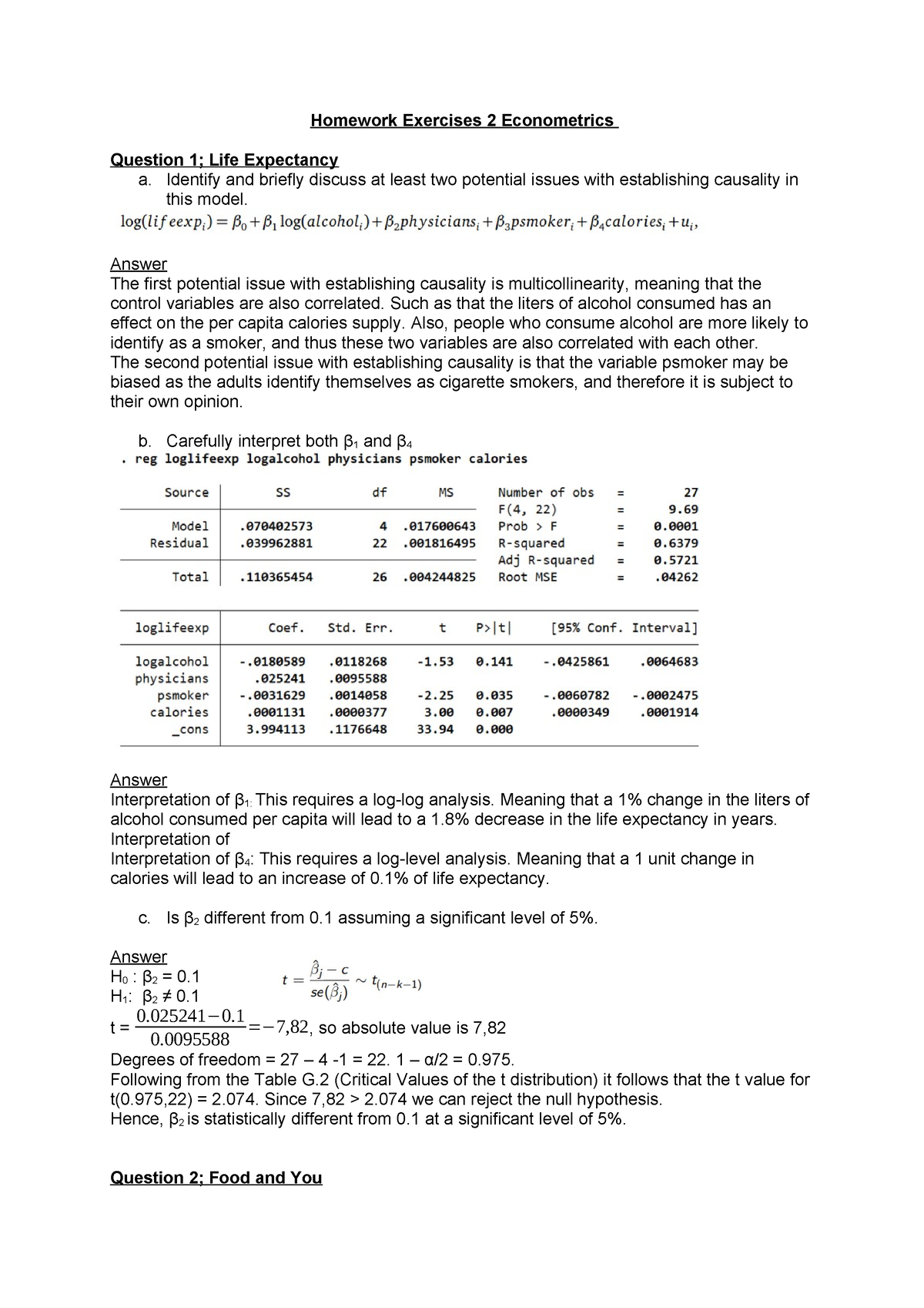 Homework Exercises 2 Econometrics - Homework Exercises 2 Econometrics ...