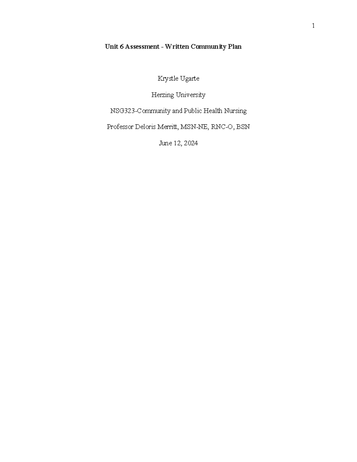 Week 6 Written Community Plan Paper Outline SP23 - Unit 6 Assessment ...