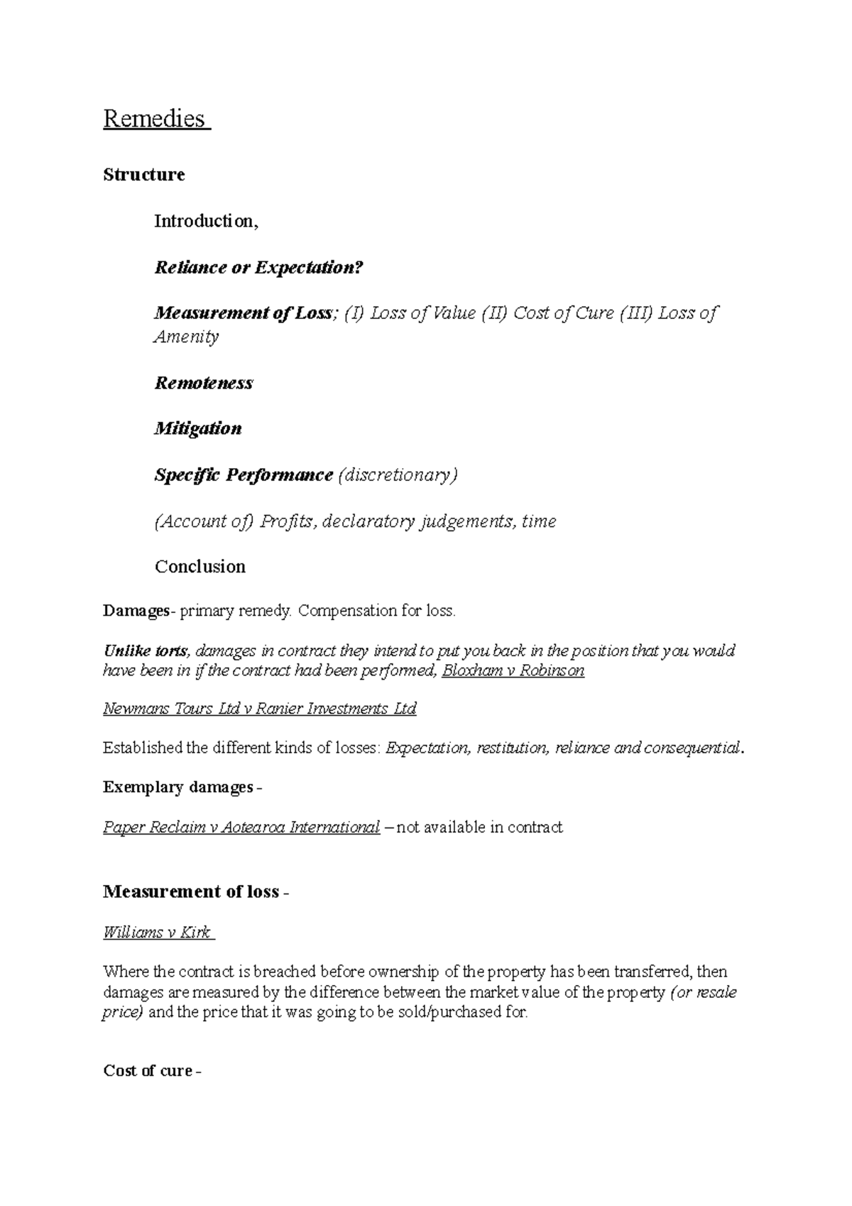 Remedies Remedies Structure Introduction, Reliance or Expectation