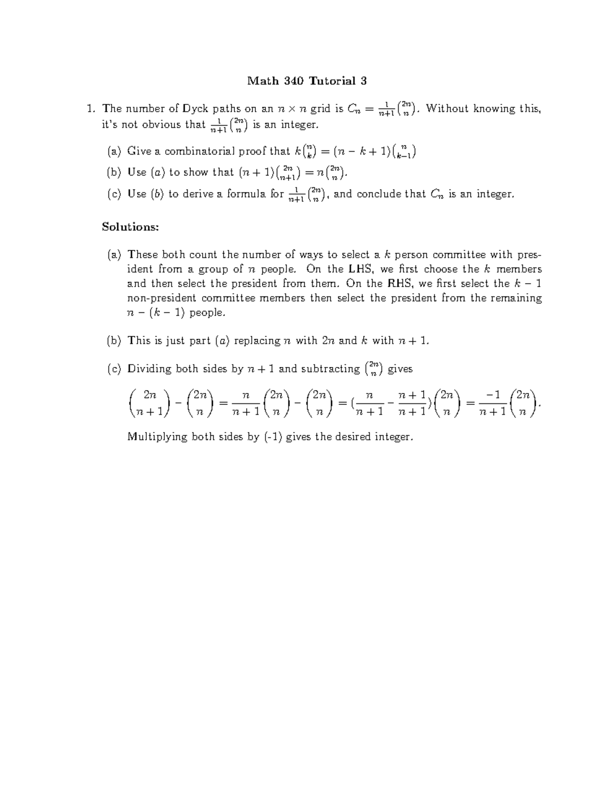 Tutorial 3 solutions - Math 340 Tutorial 3 The number of Dyck paths on ...