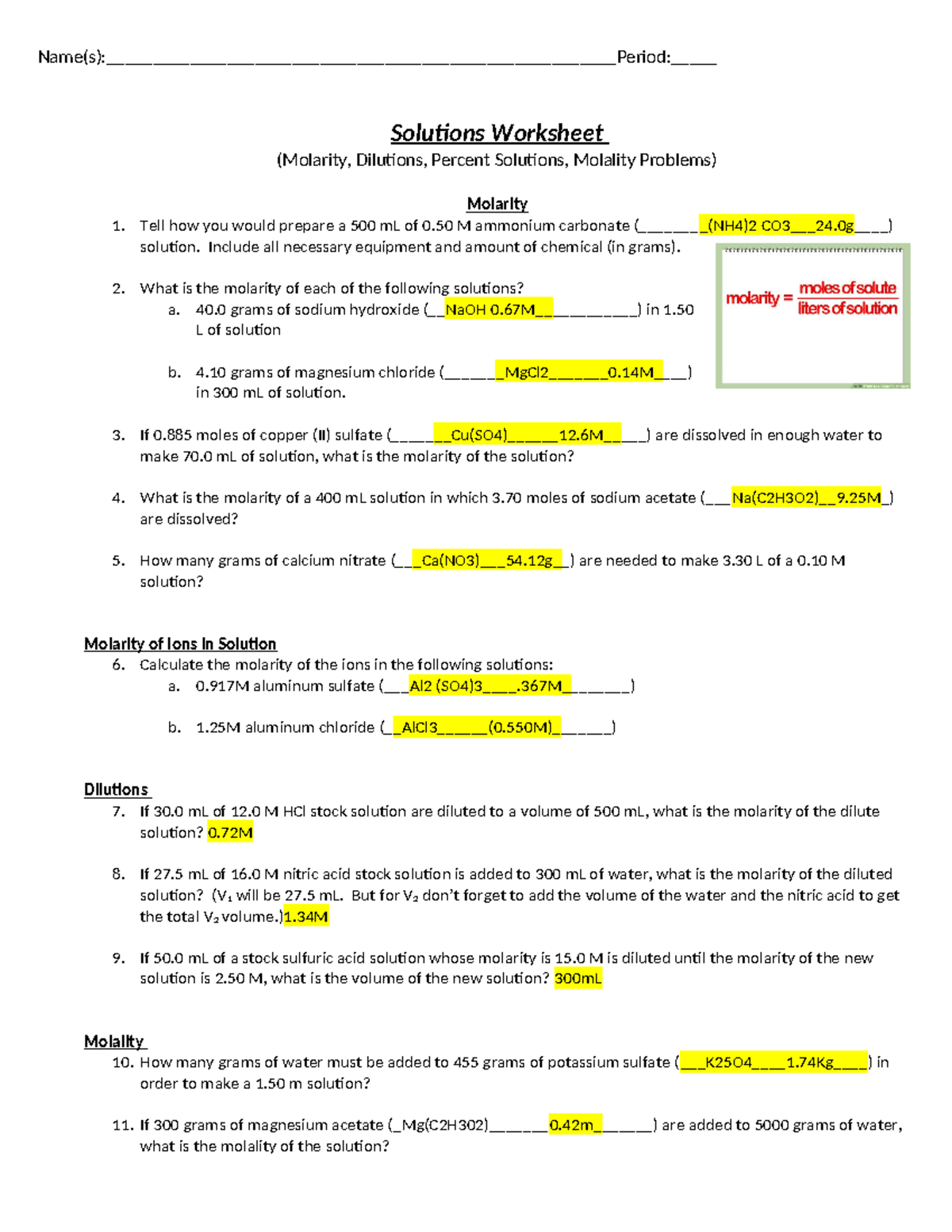 Solutions Worksheet-1 - Solutions Worksheet (Molarity, Dilutions ...