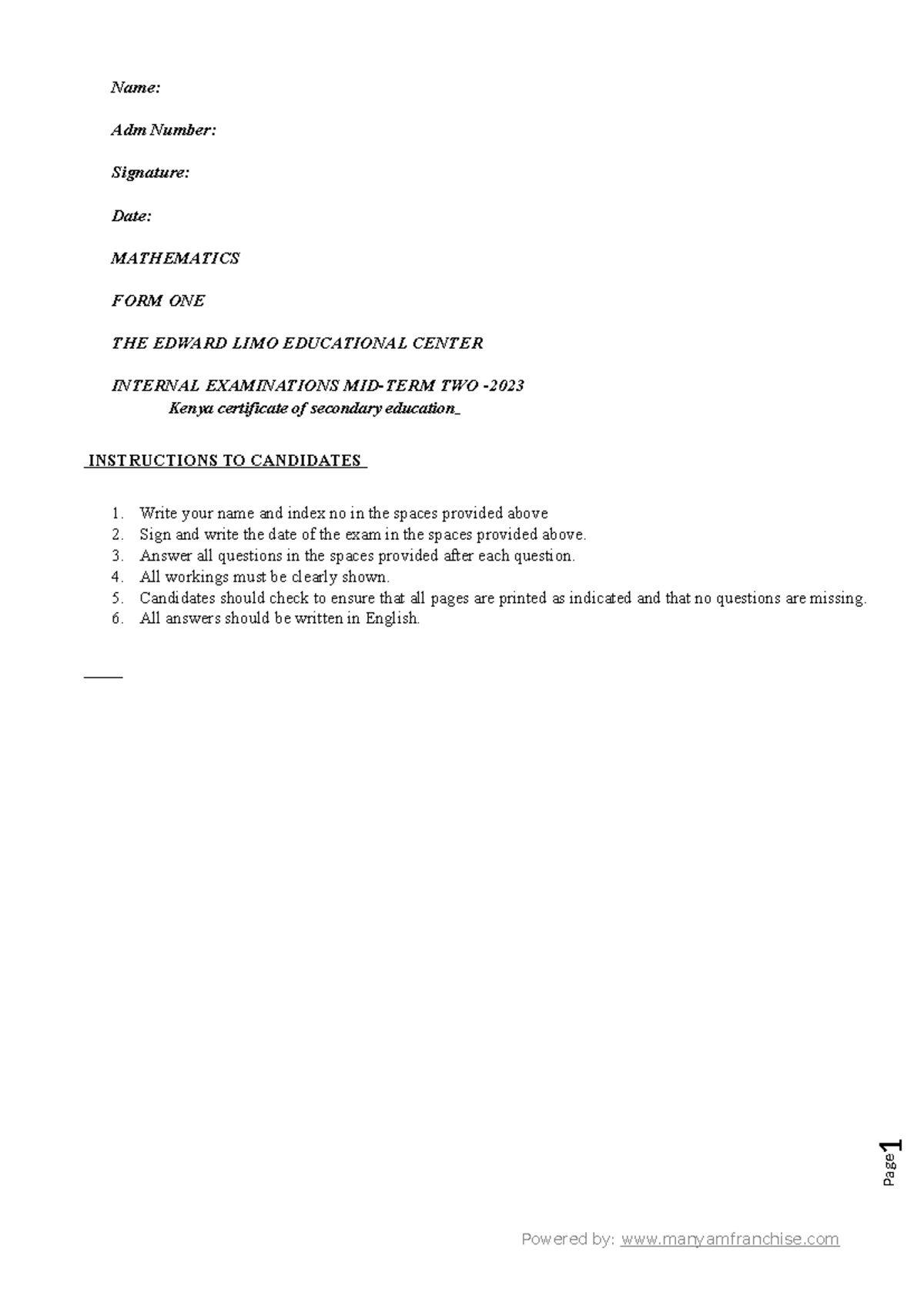 REVISION QUESTIONS ON CIT 21 - Page 1 Name: Adm Number: Signature: Date ...