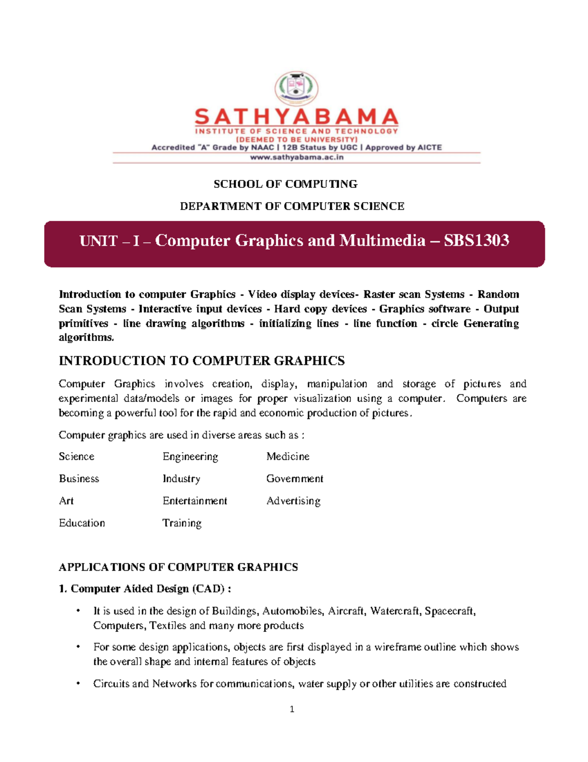 Computer graphic notes 1 - SCHOOL OF COMPUTING DEPARTMENT OF COMPUTER ...