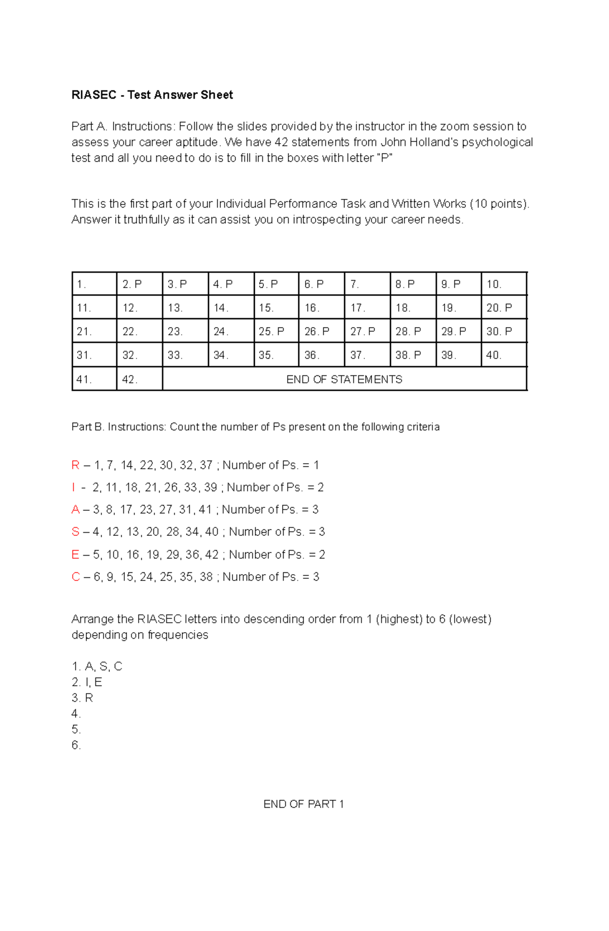 Riasec Test - NDRRMC - RIASEC - Test Answer Sheet Part A. Instructions ...