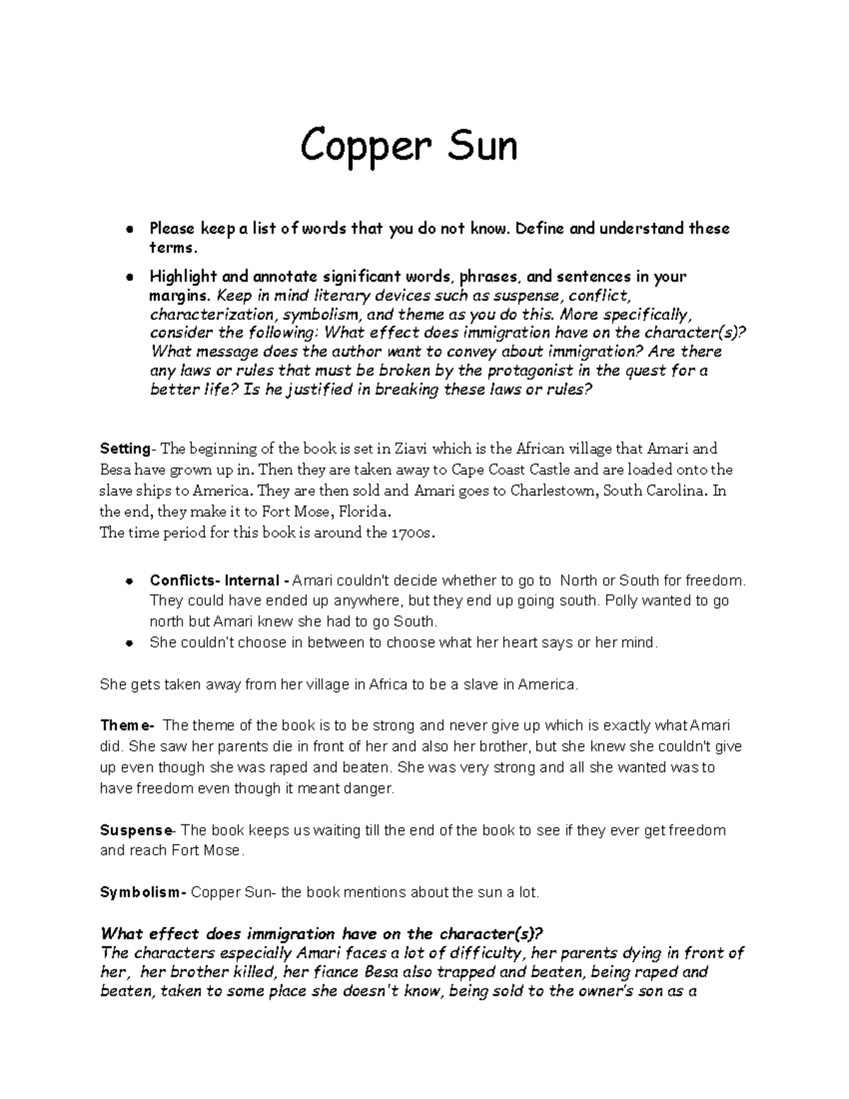 Copper Sun notes Copper Sun Please keep a list of words that you do