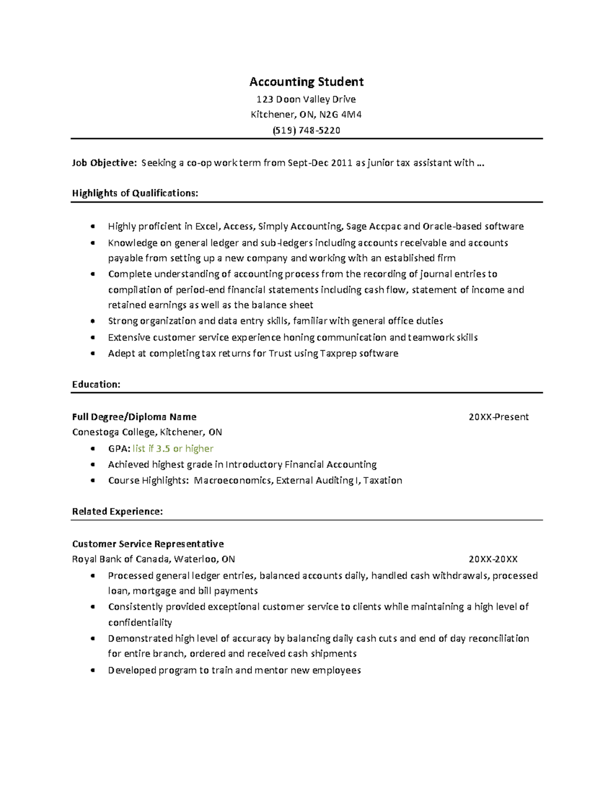 Accounting Sample Resume - Accounting Student 123 Doon Valley Drive ...