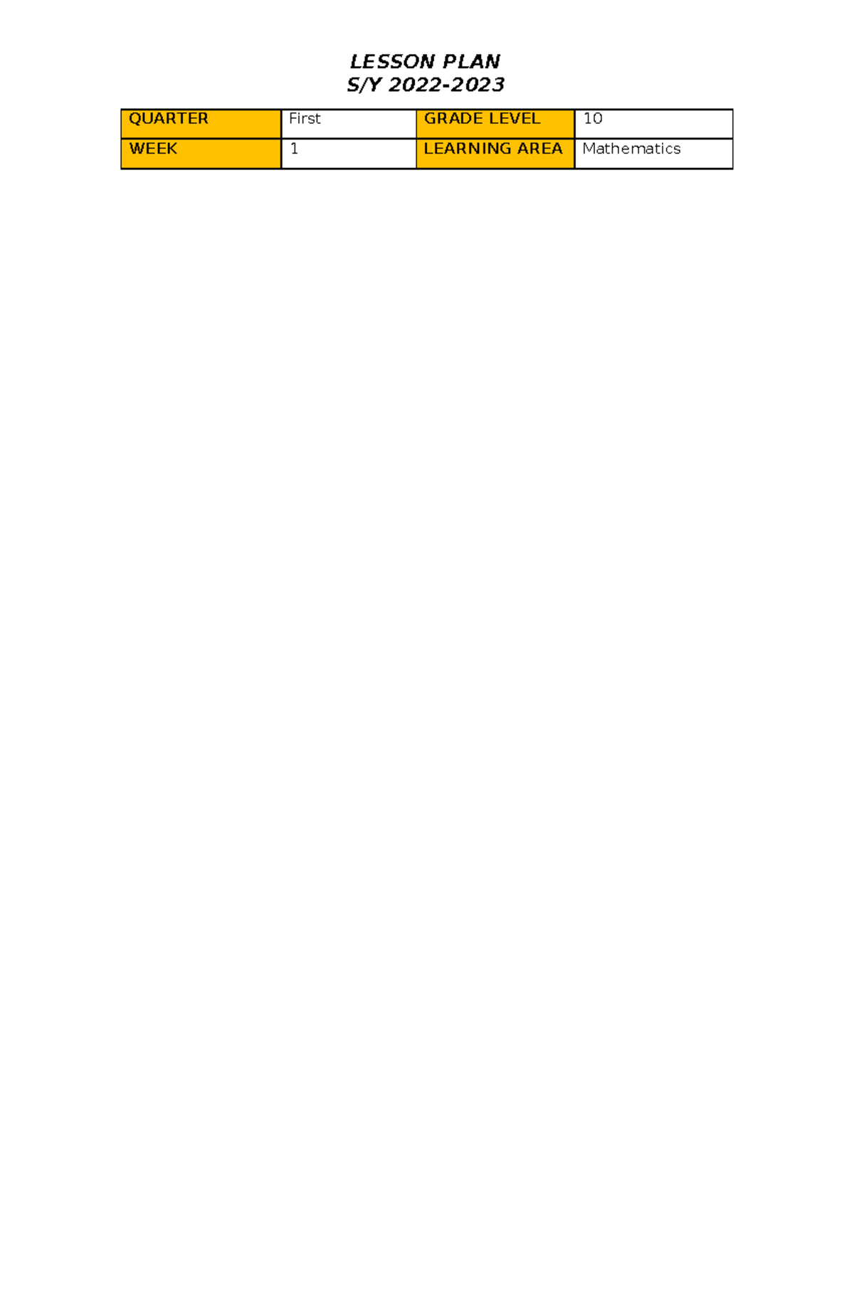 Daily Learning PLAN 1 - Detailed lesson plan - LESSON PLAN S/Y 2022 ...