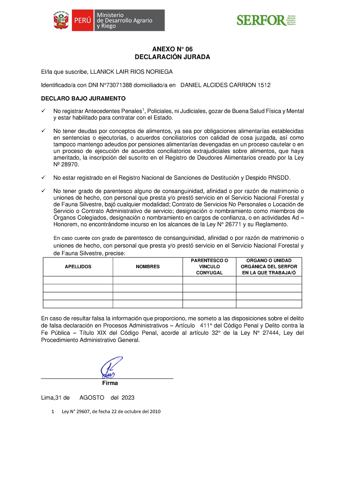 Anexo 06 - Midagri - ANEXO N° 06 DECLARACIÓN JURADA El/la Que Suscribe ...