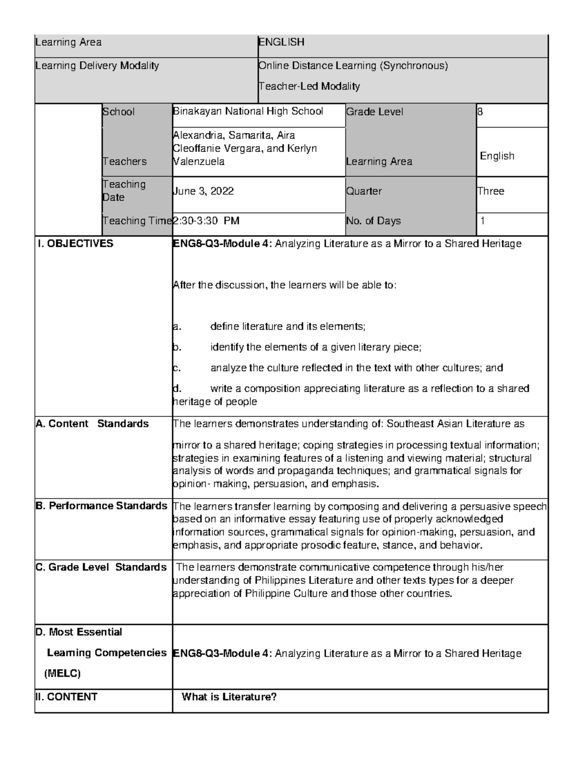 Lesson Plan BSEE29 - Learning Area ENGLISH Learning Delivery Modality ...