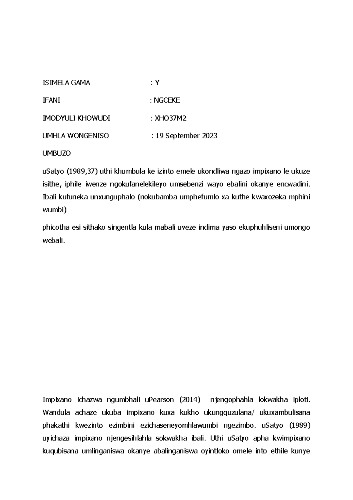 Impixano - ISIMELA GAMA : Y IFANI : NGCEKE IMODYULI KHOWUDI : XHO37M ...