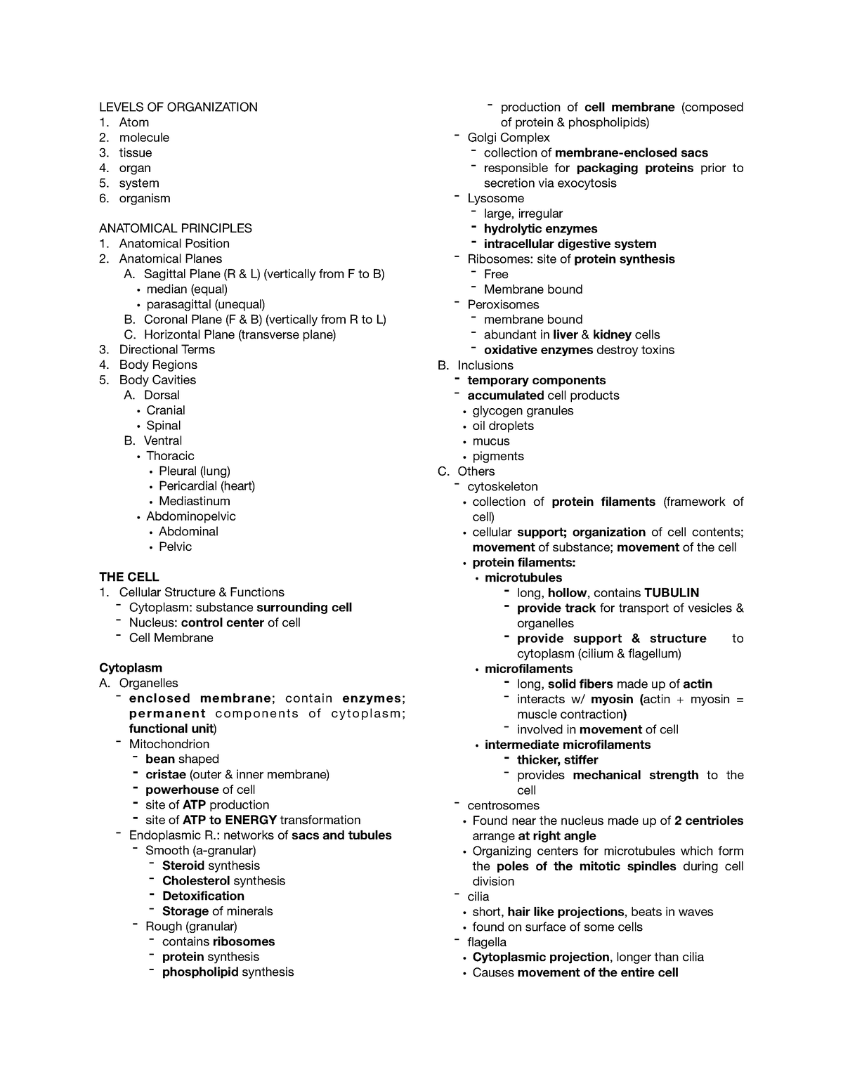 1 THE CELL - anaphy cell summary - LEVELS OF ORGANIZATION 1. Atom 2 ...