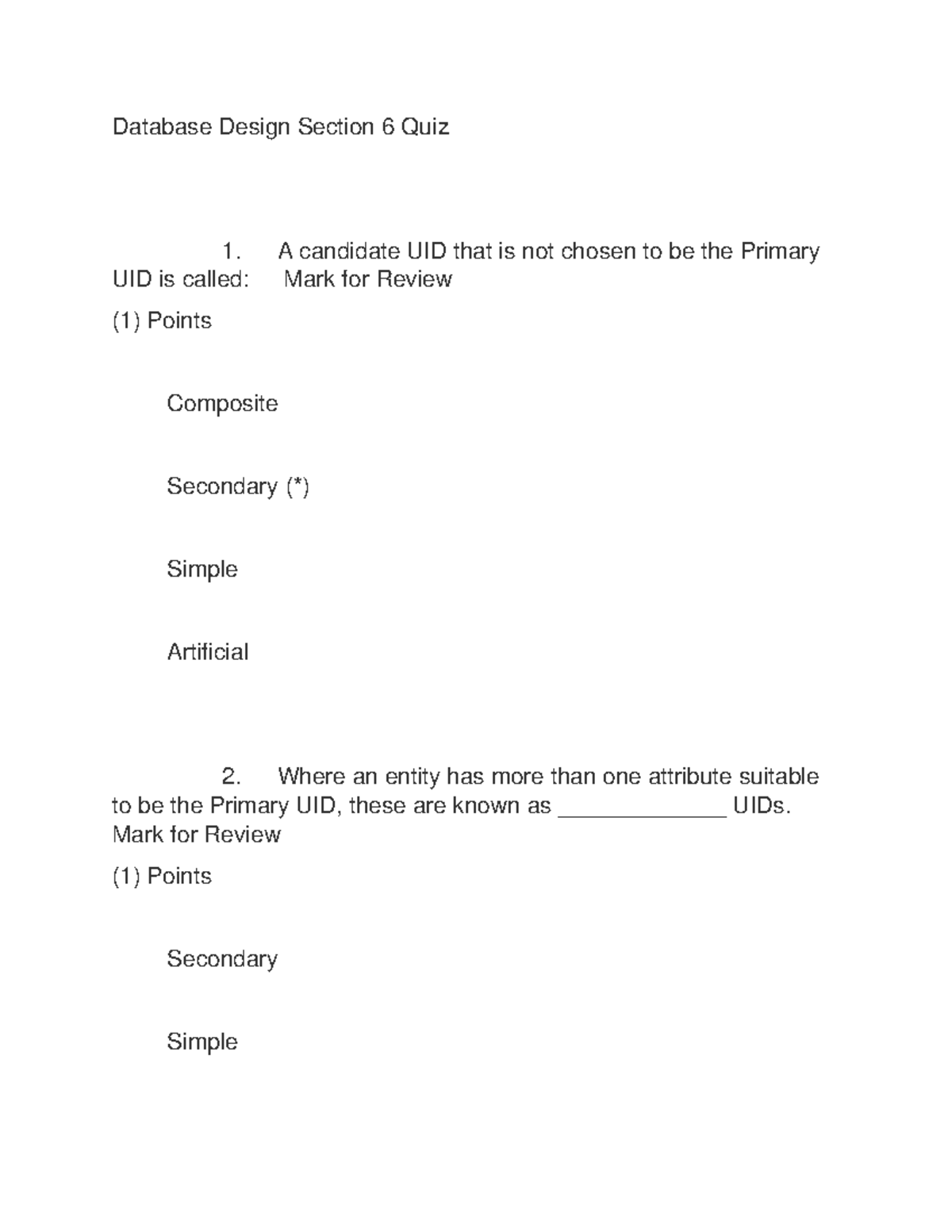 Oracle Database Design Section 6 Quiz Answers - Design Talk
