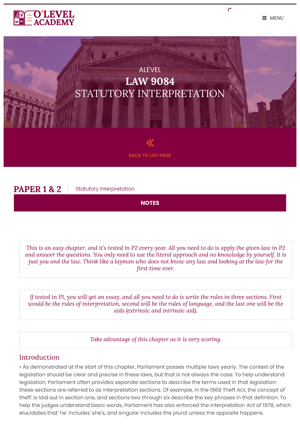 Statutory Interpretation - PAPER 1 & 2 Statutory Interpretation NOTES ...