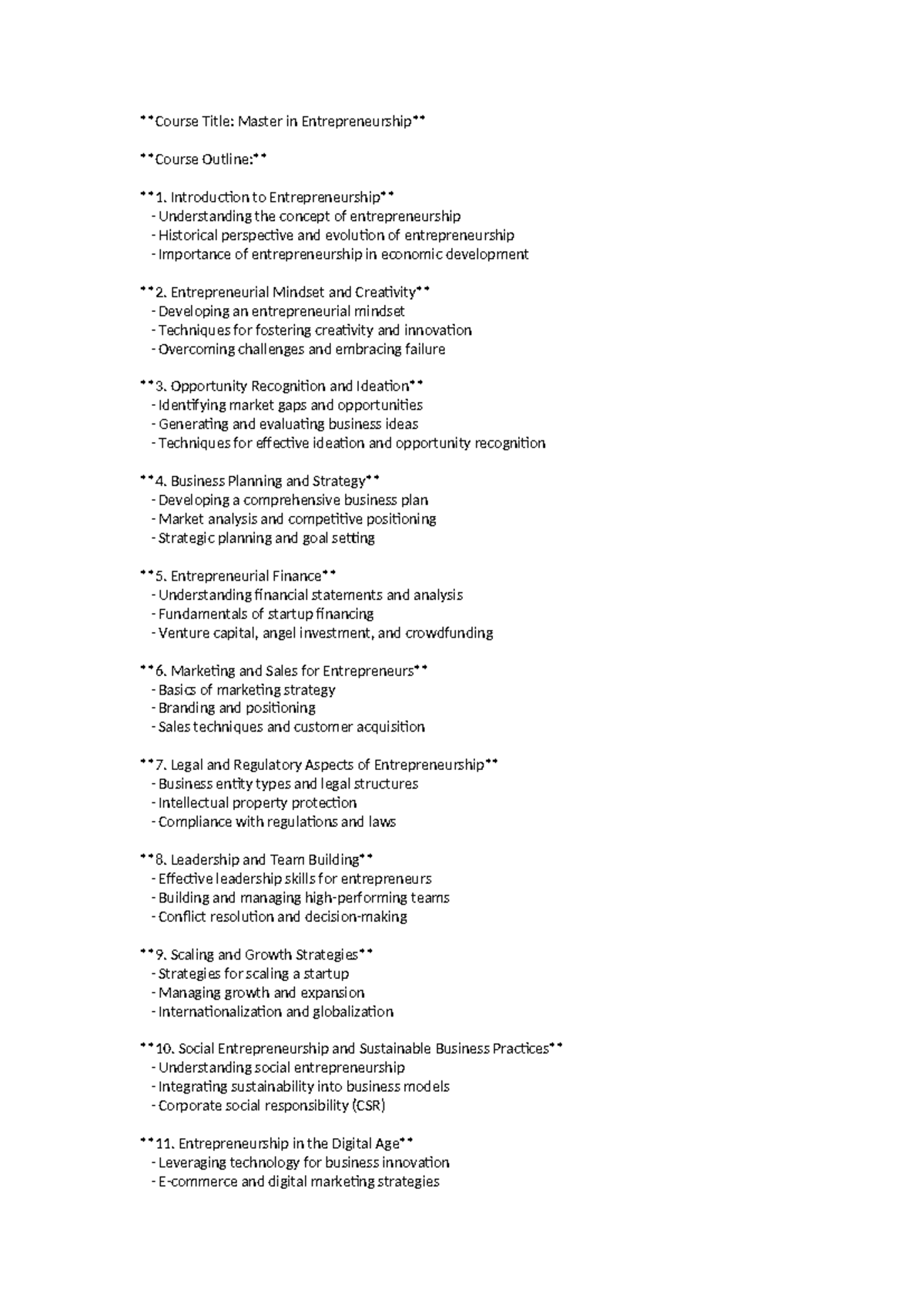 Course Outline for Masters in Entrepreneurship - Course Title: Master ...