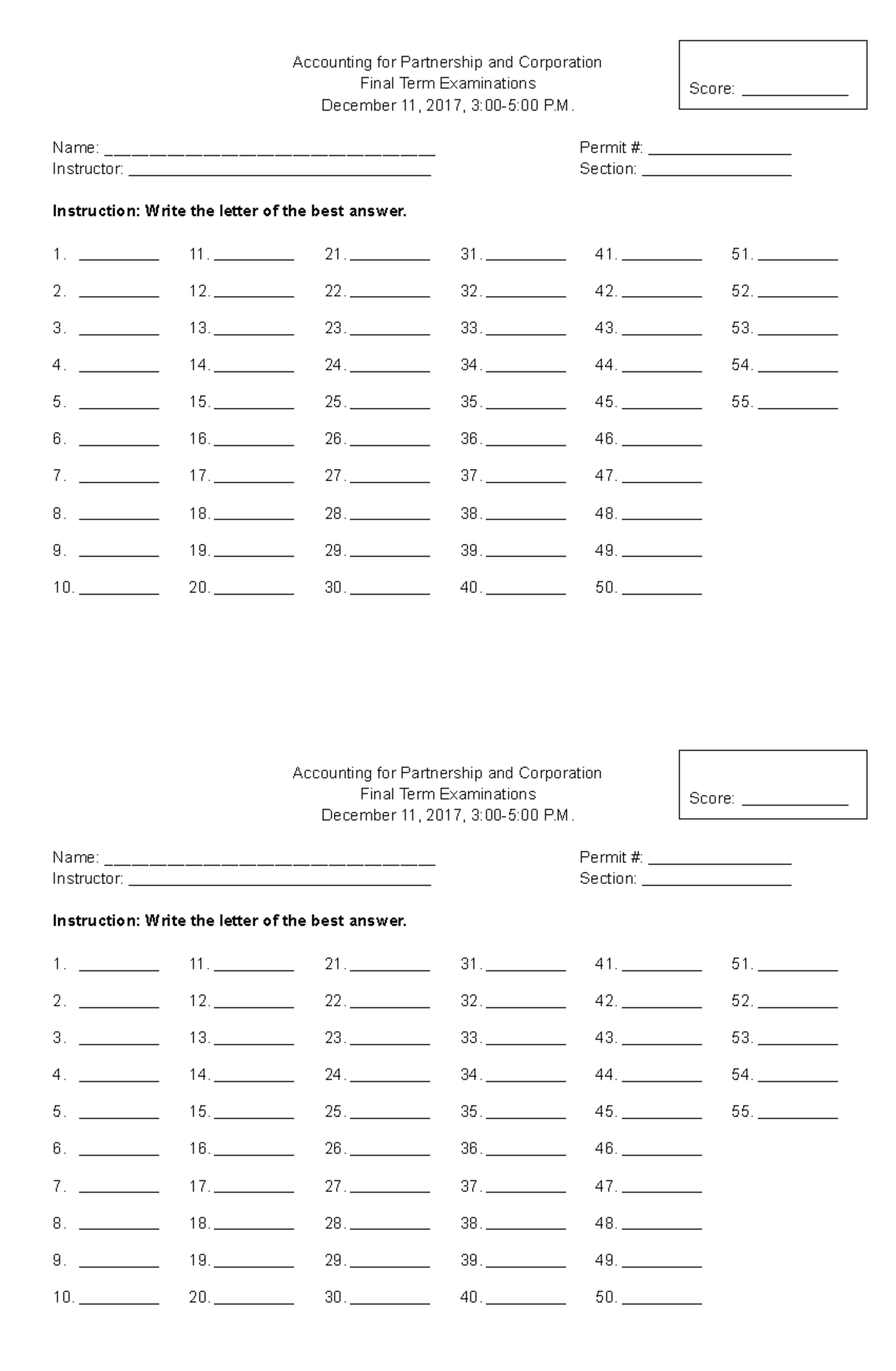 Accounting for Partnership and Corporation- Answer Sheet - Accounting ...