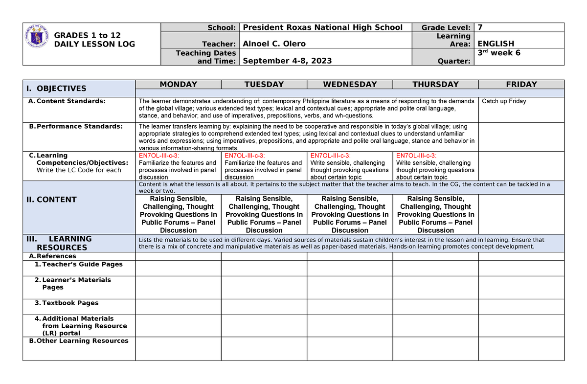 English Module 9 DLL - GRADES 1 to 12 DAILY LESSON LOG School ...