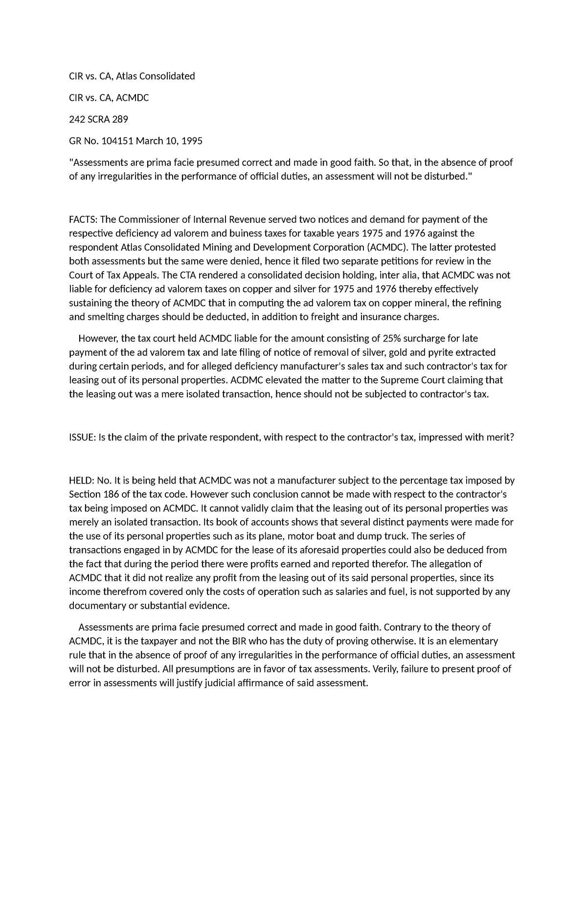 Cases 1-12 (TAX REV) - reviewer - CIR vs. CA, Atlas Consolidated CIR vs ...