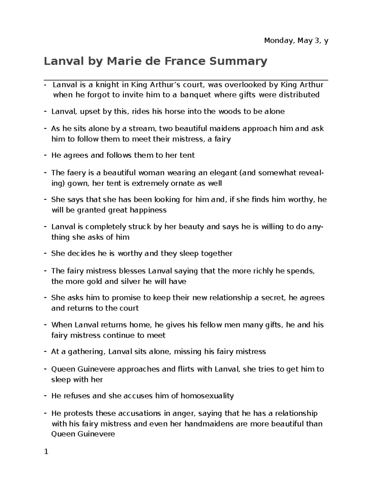 Lanval Summary - Friday, December 20, Y Lanval By Marie De France ...