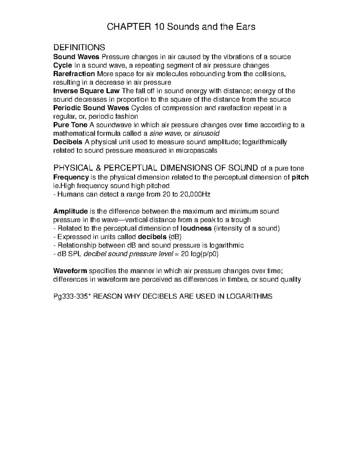 Summary on Chapter 10 Sounds and the Ears - DEFINITIONS Sound Waves ...