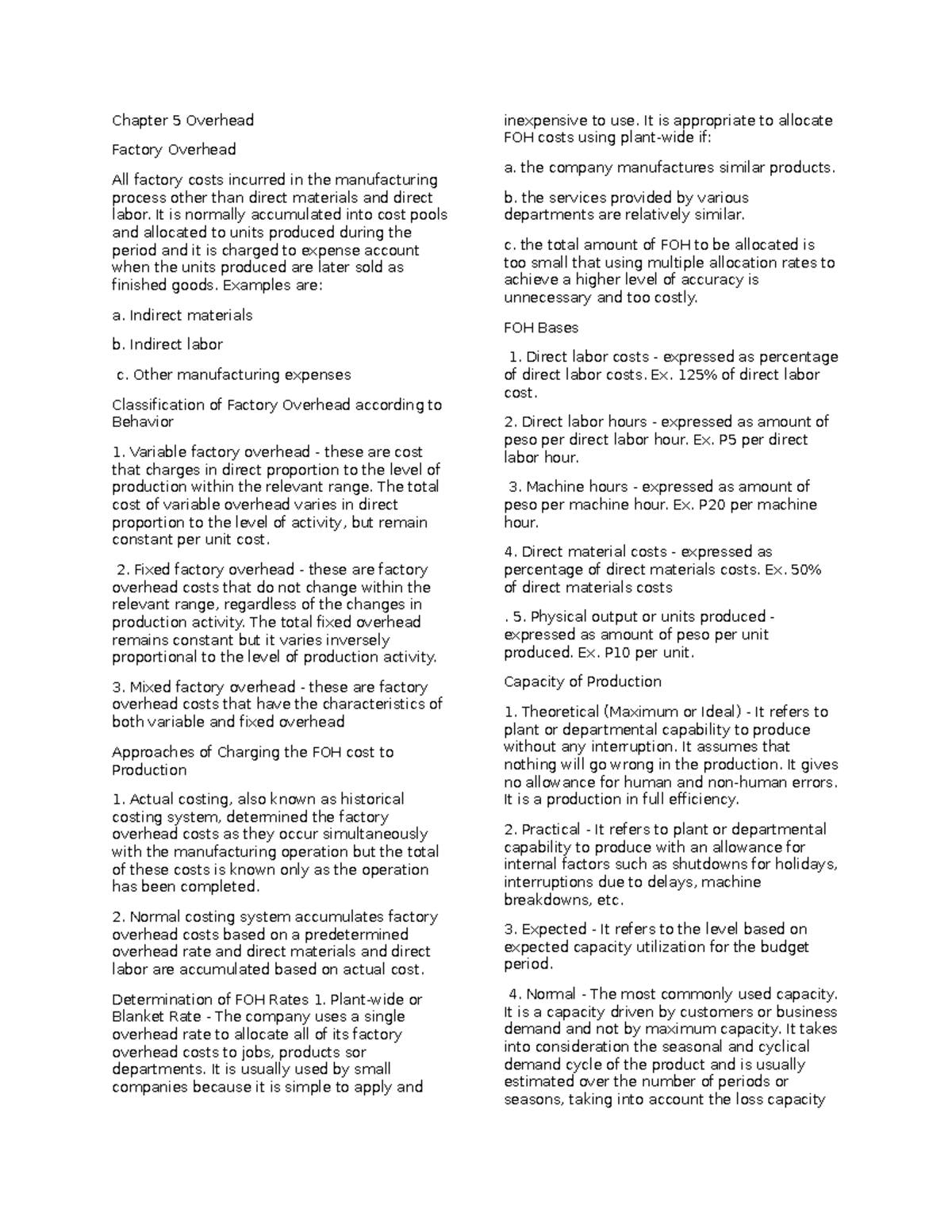 Chapter 5 Overhead - notes - Chapter 5 Overhead Factory Overhead All ...