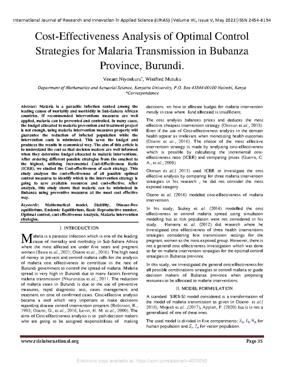 Cost-Effectiveness Analysis of Optimal Control Strategies for Malaria ...