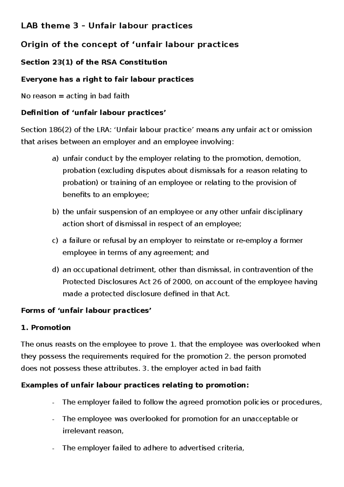 LAB theme 3 - in class notes - LAB theme 3 – Unfair labour practices ...