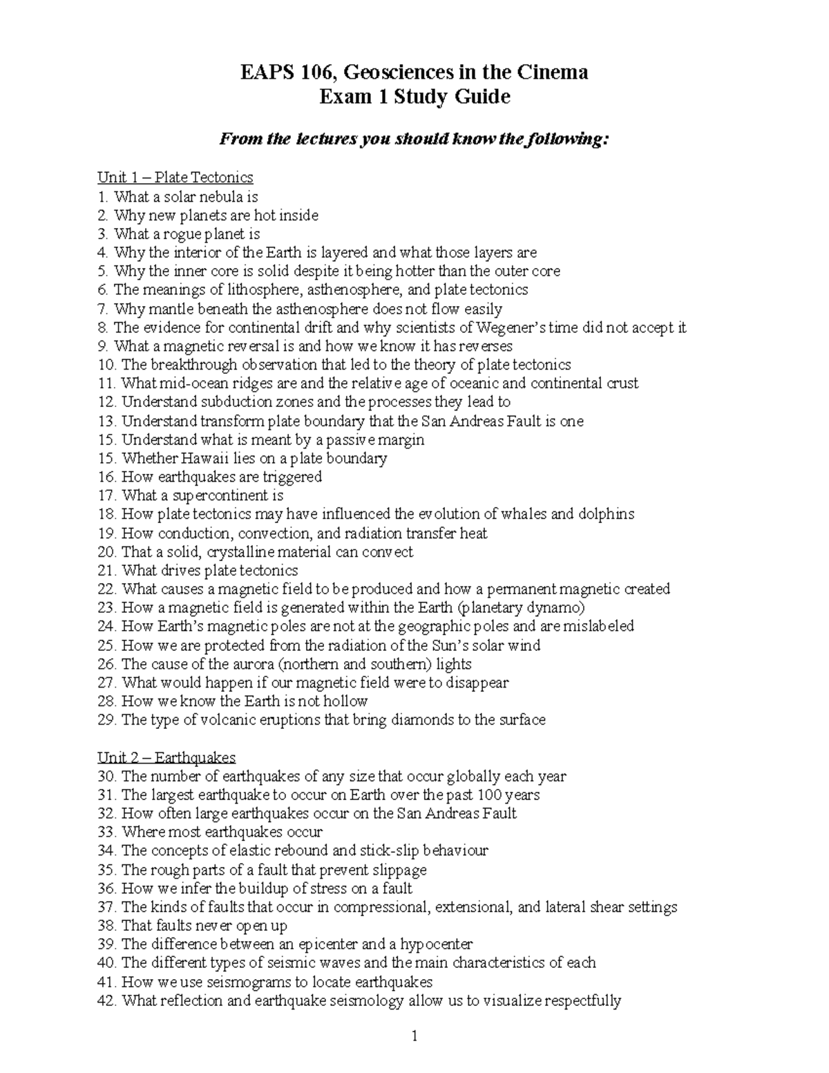 Exam 1 Study Guide - Notes - EAPS 106, Geosciences In The Cinema Exam 1 ...