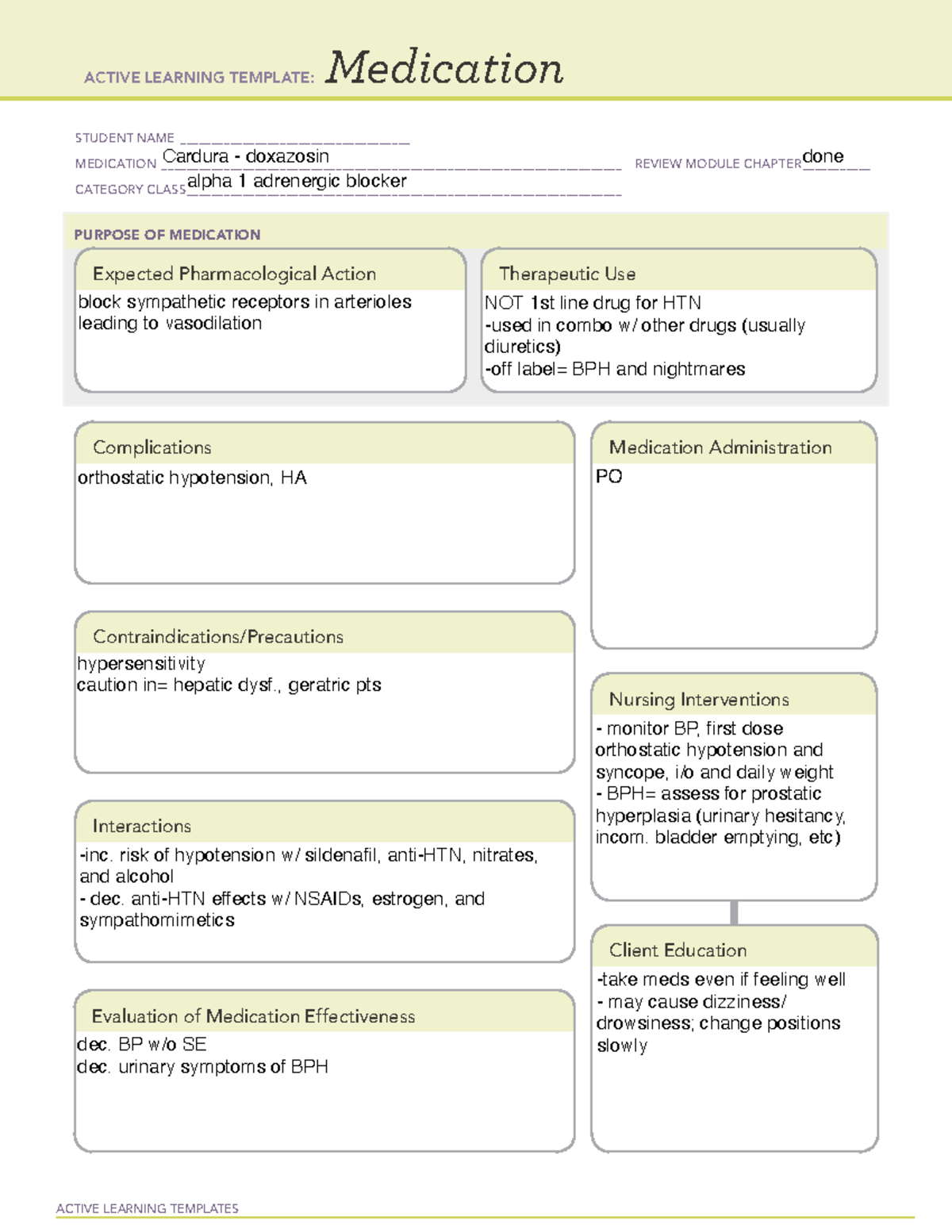 Cardura - doxazosin - ACTIVE LEARNING TEMPLATES Medication STUDENT NAME ...