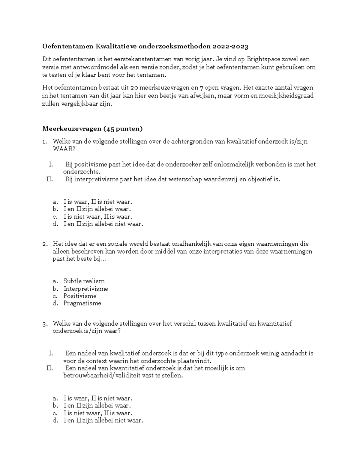 Oefententamen Kwalitatieve Onderzoeksmethoden 2022-2023 Alleen Vragen ...