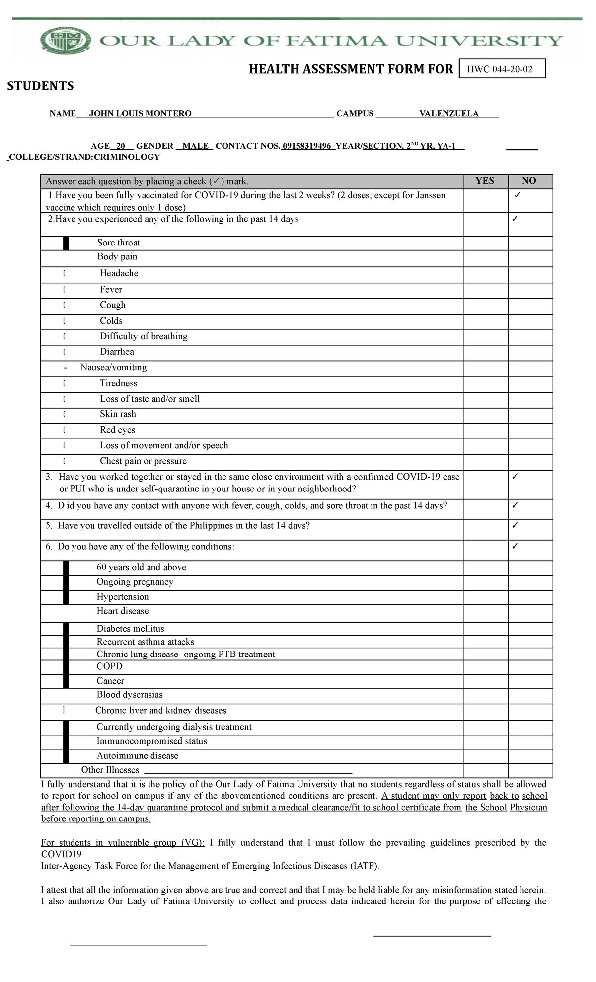 Health Assessment Form for Student 02 HEALTH ASSESSMENT FORM FOR