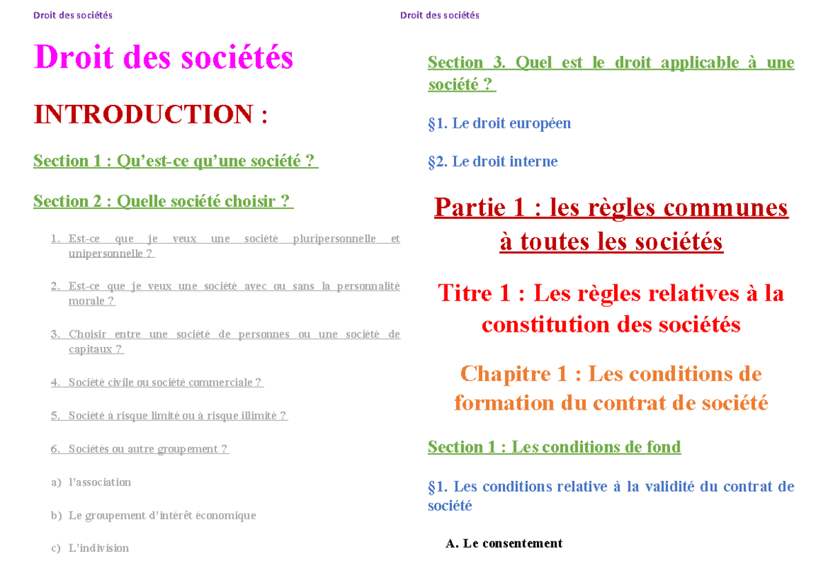 PLAN - Droit des sociétés (Récupération automatique) - Droit des