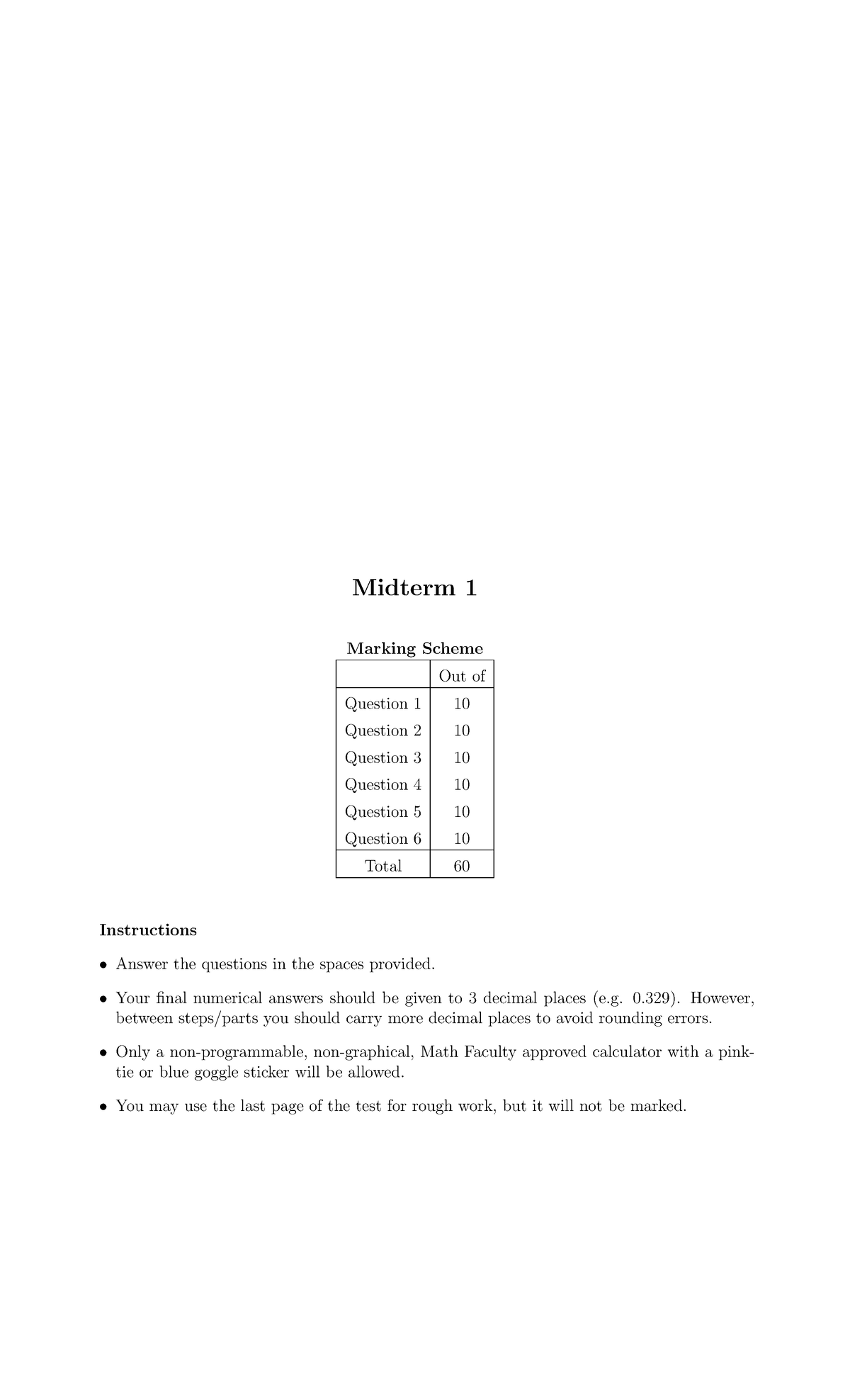 Past Midterm 1 2017 - Midterm 1 Marking Scheme Out of Question 1 10 ...