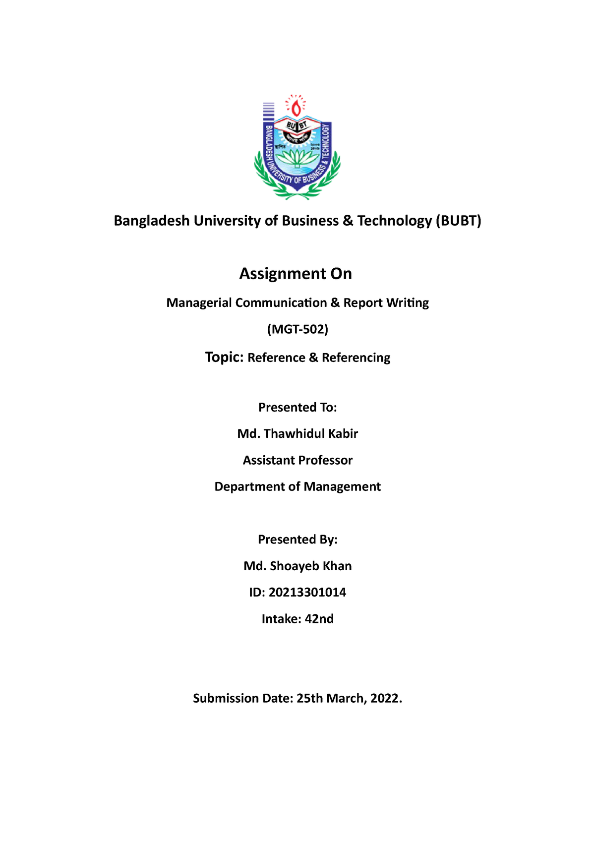 bubt assignment cover page pdf