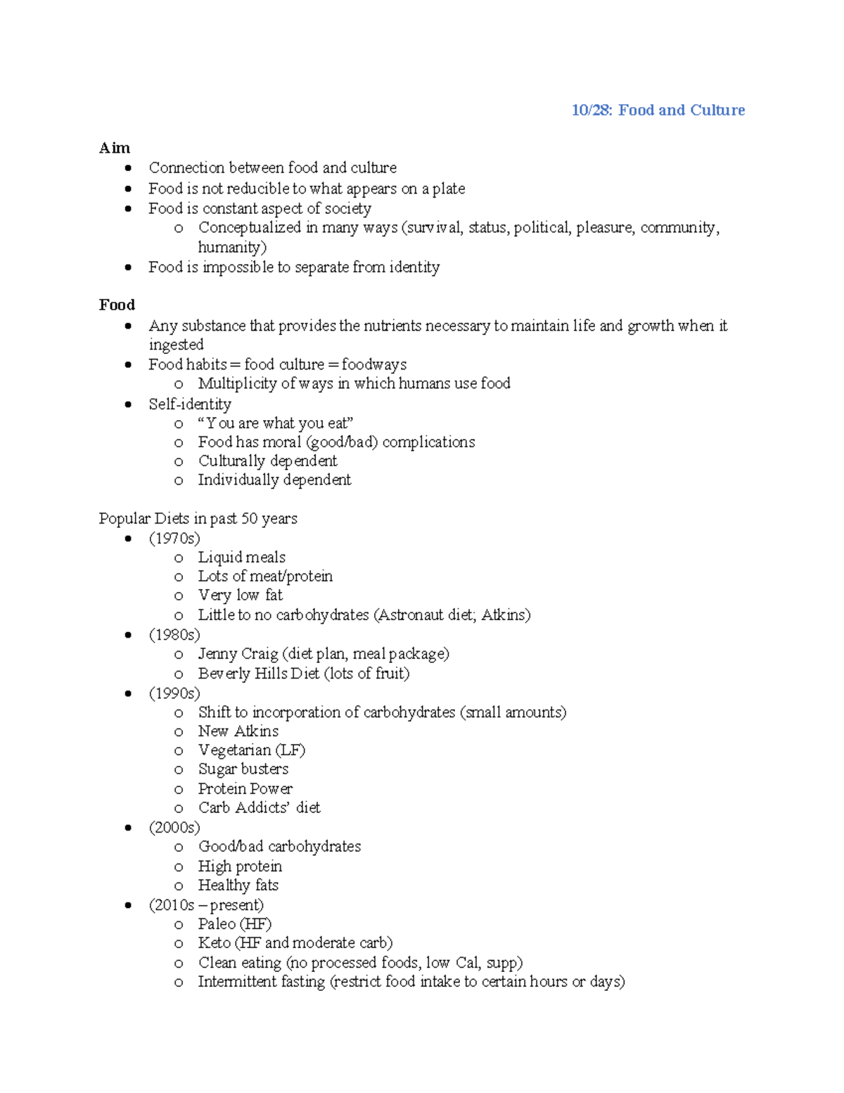 Nutr Sci 203 Exam 2 Guide Food And Culture 1028 Food And Culture Aim Connection Between